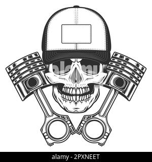 Biker-Schädel mit Baseballkappe und gekreuzten Motorkolben reparieren Motorrad-, Auto- und Lkw-Geschäft in klassischem monochromen isolierten Vektor Stock Vektor