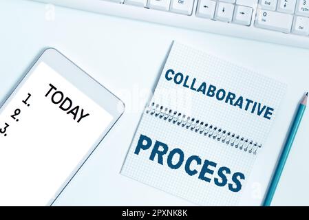 Inspiration zeigt Zeichen des Collaborative Process, der Geschäftsidee Menschen und Organisationen arbeiten und Ergebnisse erzielen Stockfoto