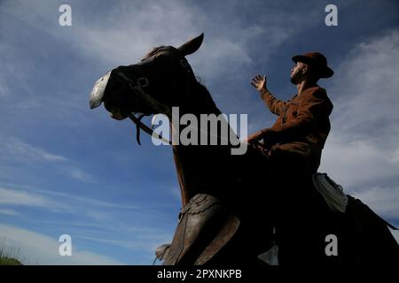 conde, bahia, brasilien - 8. januar 2022: Cowboy in traditioneller Lederkleidung mit seinem Pferd auf einem Bauernhof in der Stadt Conde. Stockfoto