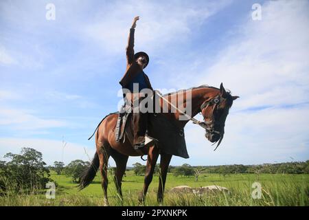 conde, bahia, brasilien - 8. januar 2022: Cowboy in traditioneller Lederkleidung mit seinem Pferd auf einem Bauernhof in der Stadt Conde. Stockfoto