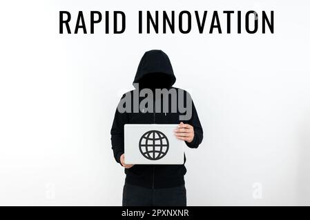 Handgeschriebenes Schild Rapid Innovation, Business Approach, charakteristisch für eine Website, die Suchmaschinenalgorithmen verwendet Stockfoto