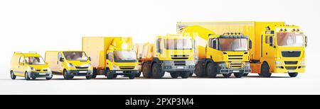 Neue Lkw-Flotte im Containerlager als Transport-, Versand- und Logistikgeschäft. 3D-Rendering Stockfoto