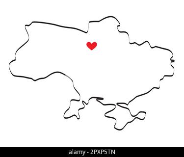 Minimalistische Zeichnung einer Karte der Ukraine mit rotem Herzen an dem Ort, an dem Kiew ist. Stock Vektor