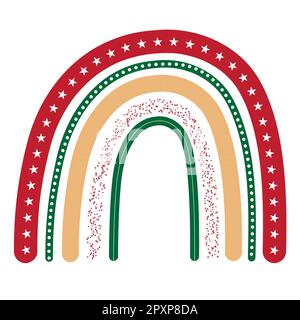 Frohe Weihnachten Regenbogen in Weihnachtsfarben in Rot, Grün und Gold mit Weihnachtsmuster und -Design. Boho Christmas Rainbow, Christmas Boho Rainbow Stockfoto