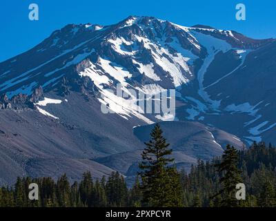 Mt. Shasta, Kalifornien, USA - 17. Juli 2022: Ausblicke auf Mt. Shasta, Siskiyou und nahe gelegene Alken und Bäche. Stockfoto