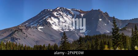 Mt. Shasta, Kalifornien, USA - 17. Juli 2022: Ausblicke auf Mt. Shasta, Siskiyou und nahe gelegene Alken und Bäche. Stockfoto