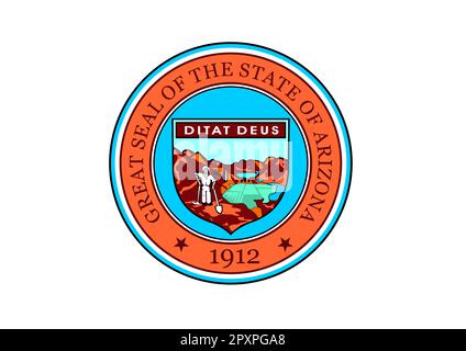 Wappen des US-Bundesstaates Arizona auf weißem Hintergrund auf Stoffoberfläche. Arizona State Wappen auf strukturiertem Hintergrund. Ein farbiges Wappen Stockfoto