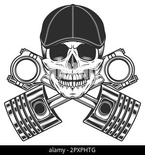 Motorradfahrer Biker Skull in gatsby Flat Cap und Crossed Engine Pistons reparieren Motorrad-, Pkw- und Lkw-Geschäfte in klassischem Monochrom Stockfoto