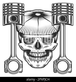 Motorradfahrer Skull Biker in Flachkolben und gekreuzten Motorkolben reparieren Motorrad-, Pkw- und Lkw-Geschäft in klassischer monochromer Isolation Stockfoto