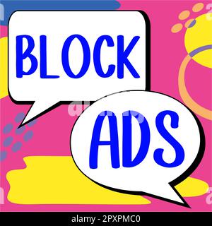 Handgeschriebene Schilder Blockanzeigen, Word für ein Programm, das verschiedene Arten von Werbung aus dem Web entfernt Stockfoto
