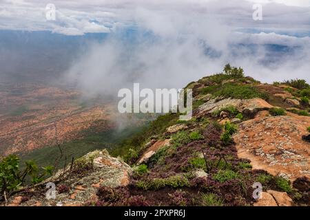 Malerischer Blick auf den Mount Longido in Tansania an einem nebligen Tag Stockfoto