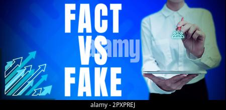 Textunterschrift mit Fakten vs. Fake, Business Showcase ist es wahr oder falsch Zweifel, ob etwas echt authentisch ist Stockfoto