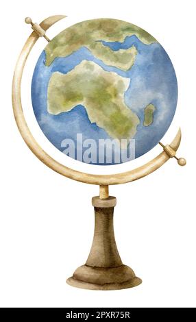 Aquarellkugeln. Handgezeichnete Darstellung eines alten Modells der Erde auf einem Holzständer auf isoliertem weißem Hintergrund. Zeichnung einer blauen Retro-Karte für Wissenschaft oder Bildung. Skizze für Symbol oder Logo.