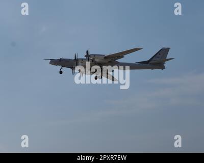 Tupolev TU-95 (Russisch: Туполев Ту-95; NATO-Berichtsname: 'Bär') ist eine große, viermotorige Turboprop-betriebene strategische Bomber- und Raketenplattform. Stockfoto