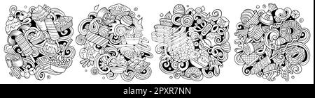 Desserts Cartoon Vektor Doodle Designs Set. Stock Vektor