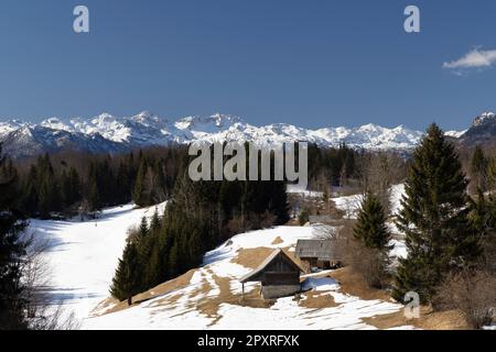 Typische Holzhütten in Gorjuse, Nationalpark Triglavski, Slowenien Stockfoto