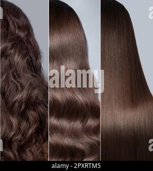 Eine Frau vor der Genesung, ihre Haare. Rückansicht, gerade und Locken. Nahaufnahme Stockfoto