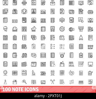100 Notizensymbole eingestellt. Umrissdarstellung der 100-Notizsymbole Vektorsatz isoliert auf weißem Hintergrund Stock Vektor