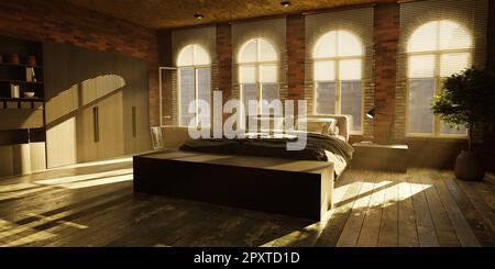 Blick von einem modernen Schlafzimmer über die Dächer einer Stadt - 3D Abbildung Stockfoto