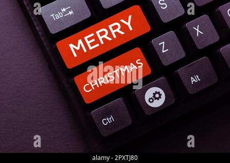 Textunterschrift präsentiert Frohe Weihnachten, Geschäftskonzept jährliche Tradition zur Feier der Geburt Jesu Christi Stockfoto