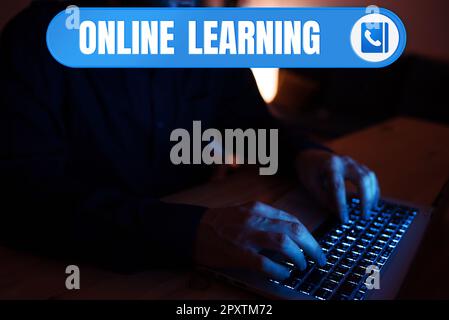 Schild mit der Aufschrift Online Learning, Business Approach Larning mit Hilfe des Internets und eines Computers Stockfoto