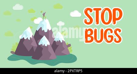 Handgeschriebenes Schild, Stop Bugs, begriffenes Foto, um ein Insekt oder ähnliches kleines Wesen zu befreien, das Blut saugt Stockfoto