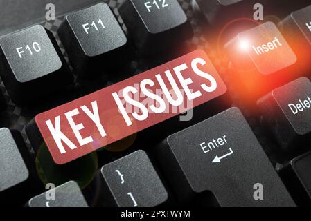Textzeichen mit Schlüsselproblemen, Konzept mit wichtigen oder ungelösten Angelegenheiten, über die sich die Leute streiten Stockfoto