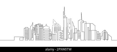 Durchgehende Linienzeichnung von Haus, Wohnbaukonzept. Panorama-Landschaft mit Metropolis-Architektur, Wolkenkratzern. Stock Vektor