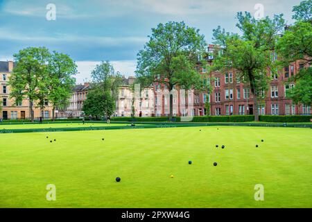 Kelvingrove Lawn Bowls Centre im Zentrum von Glasgow, Schottland. Stockfoto