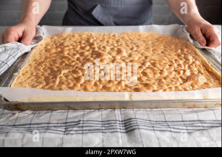 Frisch gebackener Schwammkuchen zum Zubereiten von schweizer Brötchen auf einem Backblech wird von einer Frauenhand gehalten Stockfoto
