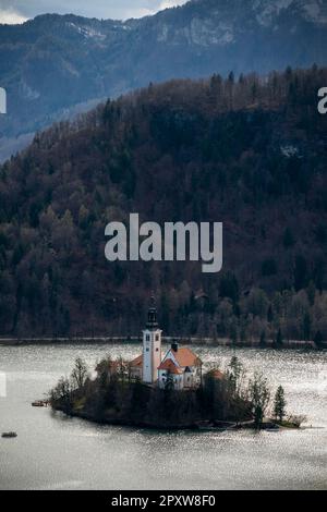 Die Kirche auf einer Insel am Bleder See in Slowenien Stockfoto