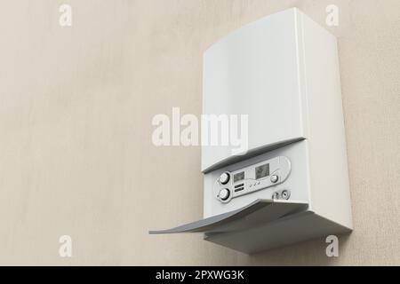 Kombi-Boiler an der Wand. Kopierbereich links. 3D Abbildung. Stockfoto