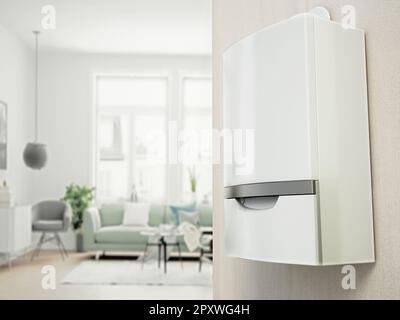 Kombi-Boiler an der Wand mit modernem Wohnzimmerblick auf der linken Seite. 3D Abbildung. Stockfoto