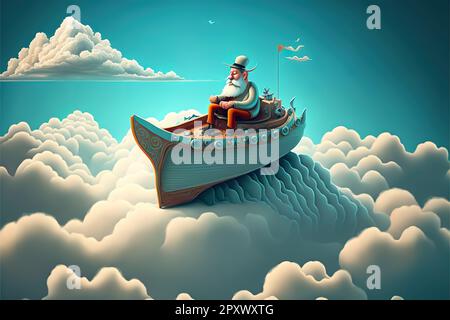 Illustration eines Mannes auf einem Boot, der auf einem Wolkenmeer navigiert, surreales abstraktes Traumkonzept. Stockfoto