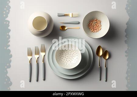 Stilvolles Geschirr auf hellgrauem Tisch, flach liegend. Platz für Text . Stockfoto