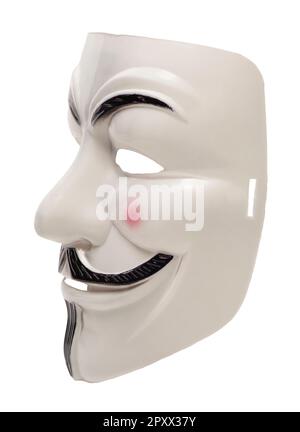 Moskau, Russland, 30. April 2023: Guy Fawkes anonyme Maske isoliert auf weißem Hintergrund Stockfoto