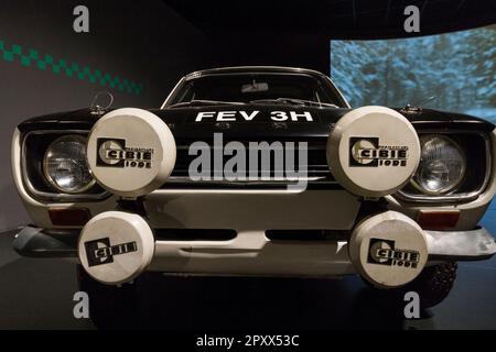 Ford Escort RS Cosworth MK1 (1969). Ausstellung der alten Rallye-Autos „Goldenes Zeitalter der Rallye“ im MAUTO, Museo dell'Automobile von Turin, Italien. Stockfoto