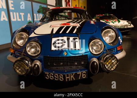 Alpine Renault A100 1800 (1973). Ausstellung der alten Rallye-Autos „Goldenes Zeitalter der Rallye“ im MAUTO, Museo dell'Automobile von Turin, Italien. Stockfoto