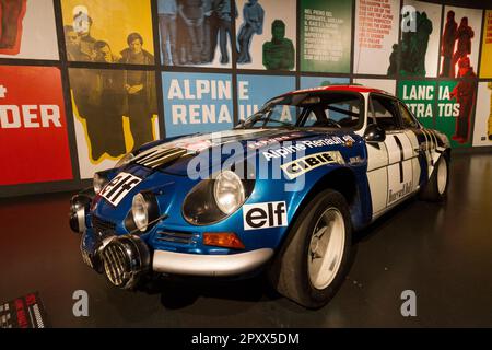 Alpine Renault A100 1800 (1973). Ausstellung der alten Rallye-Autos „Goldenes Zeitalter der Rallye“ im MAUTO, Museo dell'Automobile von Turin, Italien. Stockfoto