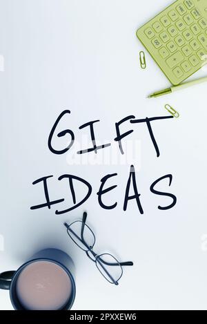 Textunterschrift Geschenkideen präsentieren, Geschäftsübersicht ein Gedanke oder Vorschlag, jemandem ein Geschenk zu schenken Stockfoto
