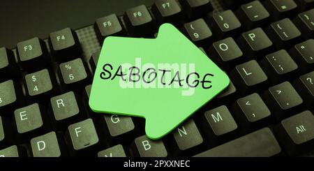 Inspiration zeigt Zeichen Sabotage, Business-Schaufenster Zerstörung der Werkzeuge und Materialien eines Arbeitgebers durch Arbeiter Stockfoto