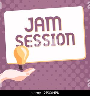 Textbeschriftung mit Jam Session, spontane Konzeptfoto-Vorstellung durch eine Gruppe von Musikern Stockfoto