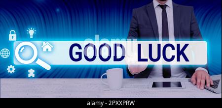Inspiration zeigt Zeichen viel Glück, Wort geschrieben auf ein positives Glück oder ein glückliches Ergebnis, das eine Person haben kann Stockfoto