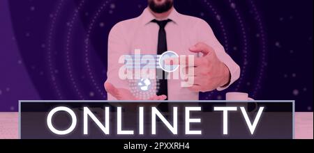 Schreiben Anzeigen von Text Online-TV, Konzeptfoto eine Fernsehproduktion, die in Echtzeit ausgestrahlt wird, während Ereignisse stattfinden Stockfoto