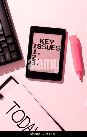 Text mit Inspiration Schlüsselthemen, Geschäftsüberblick wichtige oder ungeklärte Angelegenheit, über die die Leute streiten Stockfoto