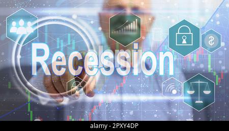 Doppelbelichtungs-Hologramm und mit den Händen, die auf dem Laptop tippen. Finanzkrise- und Rezessionskonzept Stockfoto