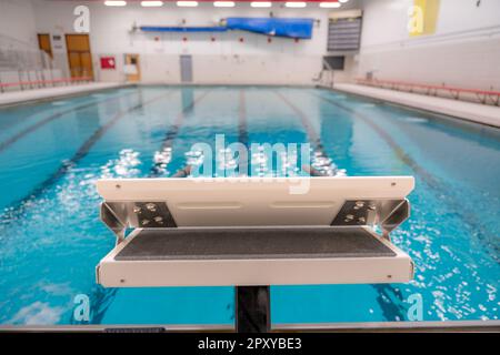 Startblock in einem öffentlichen Innenpool/Natatorium Sportanlage. Stockfoto