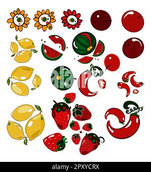 Ein Set Früchte, Zitrone, Erdbeeren, Äpfel, Wassermelone, Pfeffer, Blumen, isoliert auf weißem Hintergrund Stockfoto