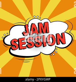 Textbeschriftung mit Jam Session, spontane Konzeptfoto-Vorstellung durch eine Gruppe von Musikern Stockfoto