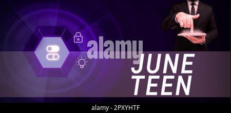 Handschrifttext Juni Teen, Geschäftsübersicht gesetzlicher Feiertag in den Vereinigten Staaten vom Ende der Sklaverei in den USA Stockfoto
